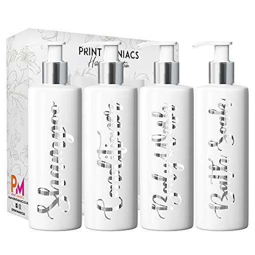 Print Maniacs Mrs Hinch inspirierte weiße personalisierte Pumpflaschen Bad Küche Set Shampoo Conditioner (Silber) von Print Maniacs