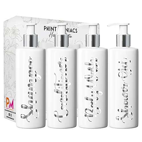 Print Maniacs White Mrs Hinch Inspired Personalisierte 500 ml Pumpflaschen Badezimmer Lotion Küche Set Shampoo Conditioner (Duschgel-Set) (Silber) von Print Maniacs