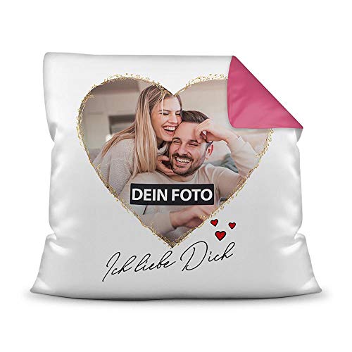 PR Print Royal Fotokissen inkl. Füllung mit Spruch - Ich Liebe Dich - zum Selbst Gestalten mit Wunschfoto im Herz für Verliebte - Farbkissen Rückseite Pink, 40 x 40 cm von PR Print Royal