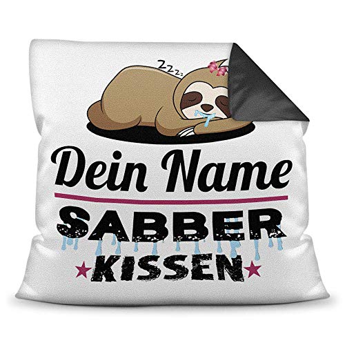 Kissen inkl. Füllung Faultier PERSONALISIERT mit WUNSCHNAME für Sie - Ihr Name Sabberkissen - Kuschelkissen / Lustige Geschenkidee für Frauen / Freundin / Geburtstag - Farbkissen Rückseite Schwarz von PR Print Royal