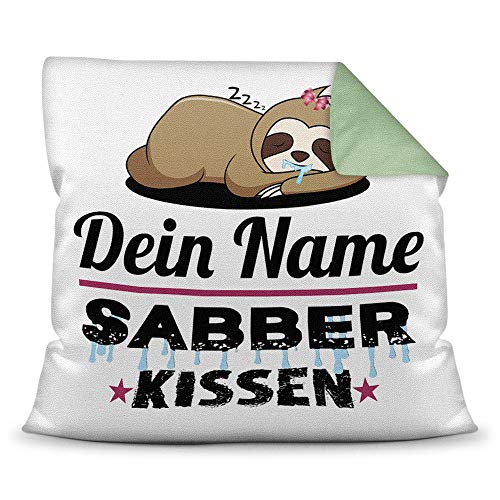 Kissen inkl. Füllung Faultier PERSONALISIERT mit WUNSCHNAME für Sie - Ihr Name Sabberkissen - Kuschelkissen / Lustige Geschenkidee für Frauen / Freundin / Geburtstag - Farbkissen Rückseite Seegrün von PR Print Royal