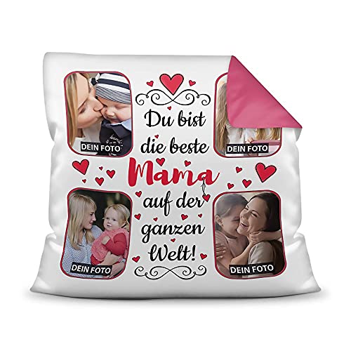Kissen mit Füllung zum selbst Gestalten mit 4 Fotos - Für die Beste Mama - Hochwertige Kissenhülle mit Reißverschluss, Rückseite Pink, 40 x 40 cm von PR Print Royal