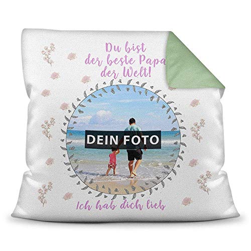 PR Print Royal Kissen mit eigenem Bild und Namen für den Papa - Rosa/Foto-Collage als Geschenkidee/Zier-Kissen/Deko-Kissen/Rückseite Grün inkl. Füllung von PR Print Royal