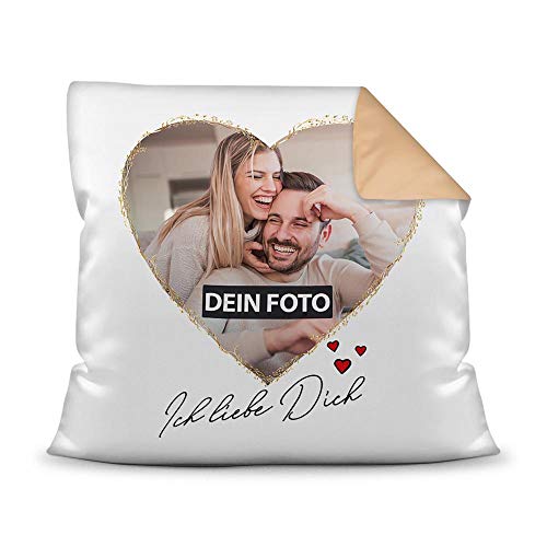 PR Print Royal Fotokissen inkl. Füllung mit Spruch - Ich Liebe Dich - zum Selbst Gestalten mit Wunschfoto im Herz - für den Partner, die Partnerin -Farbkissen Rückseite Beige, 40 x 40 cm von PR Print Royal