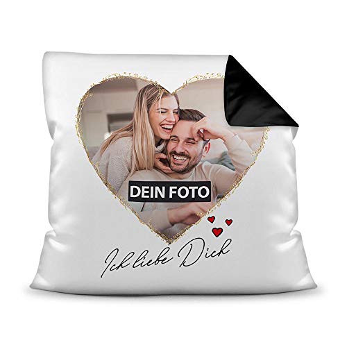 PR Print Royal Fotokissen inkl. Füllung mit Spruch - Ich Liebe Dich - zum Selbst Gestalten mit Wunschfoto im Herz - für den Partner, die Partnerin -Farbkissen Rückseite Schwarz, 40 x 40 cm von PR Print Royal