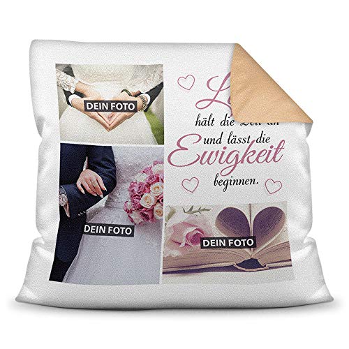 Print Royal Fotokissen zur Hochzeit - inkl. Kissenfüllung - Fotocollage mit Spruch und DREI eigenen Fotos - Hochzeitsgeschenk/Erinnerung Hochzeitstag/Geschenkidee - Farbkissen Rückseite Beige von PR Print Royal