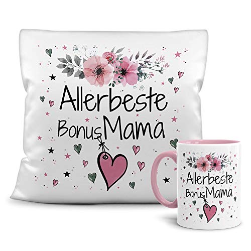 PR Print Royal Geschenk-Set aus Tasse und Kissen mit Füllung - Allerbeste Bonus Mama - Persönliche Geschenkidee für Beste Freunde, Verwandte und Familie - weiß/rosa von PR Print Royal