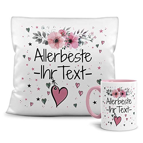 PR Print Royal Geschenk-Set aus Tasse und Kissen mit Füllung - Allerbeste Ihr Wunschname rosa - Persönliche Geschenkidee für Beste Freunde - personalisierbar - weiß/rosa von PR Print Royal