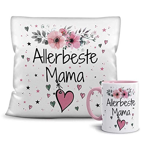 PR Print Royal Geschenk-Set aus Tasse und Kissen mit Füllung - Allerbeste Mama - Persönliche Geschenkidee für Beste Freunde, Verwandte und Familie - weiß/rosa von PR Print Royal