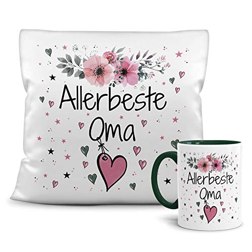 PR Print Royal Geschenk-Set aus Tasse und Kissen mit Füllung - Allerbeste Oma - Persönliche Geschenkidee für Beste Freunde, Verwandte und Familie - weiß/dunkelgrün von PR Print Royal