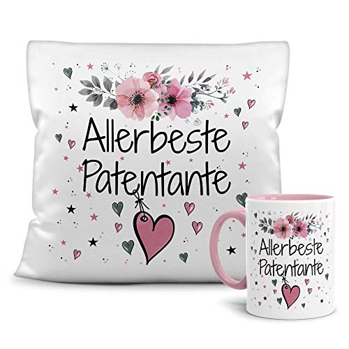 PR Print Royal Geschenk-Set aus Tasse und Kissen mit Füllung - Allerbeste Patentante - Persönliche Geschenkidee für Beste Freunde, Verwandte und Familie - weiß/rosa von PR Print Royal