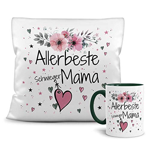 PR Print Royal Geschenk-Set aus Tasse und Kissen mit Füllung - Allerbeste Schwiegermama - Persönliche Geschenkidee für Beste Freunde, Verwandte und Familie - weiß/dunkelgrün von PR Print Royal