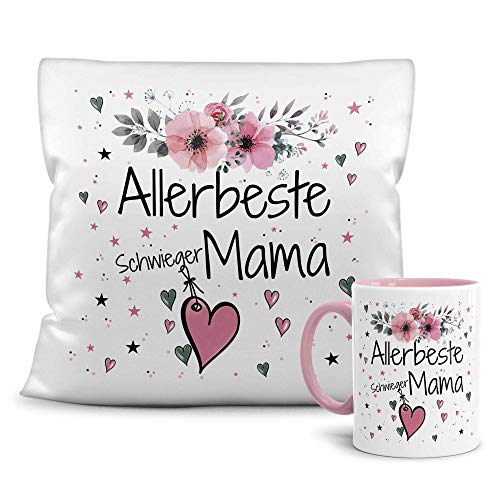 PR Print Royal Geschenk-Set aus Tasse und Kissen mit Füllung - Allerbeste Schwiegermama - Persönliche Geschenkidee für Beste Freunde, Verwandte und Familie - weiß/rosa von PR Print Royal