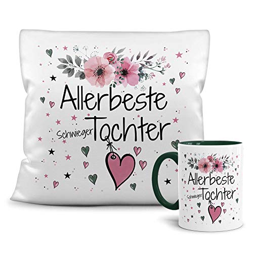 PR Print Royal Geschenk-Set aus Tasse und Kissen mit Füllung - Allerbeste Schwiegertochter - Persönliche Geschenkidee für Beste Freunde, Verwandte und Familie - weiß/dunkelgrün von PR Print Royal