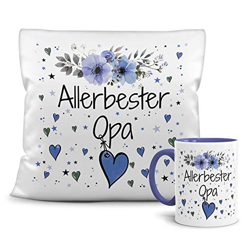 PR Print Royal Geschenk-Set aus Tasse und Kissen mit Füllung - Allerbester Opa - Persönliche Geschenkidee für Beste Freunde, Verwandte und Familie - weiß/blau von PR Print Royal