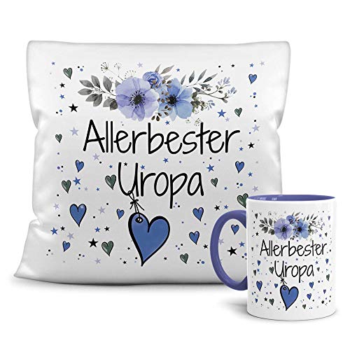 PR Print Royal Geschenk-Set aus Tasse und Kissen mit Füllung - Allerbester Uropa - Persönliche Geschenkidee für Beste Freunde, Verwandte und Familie - weiß/blau von PR Print Royal