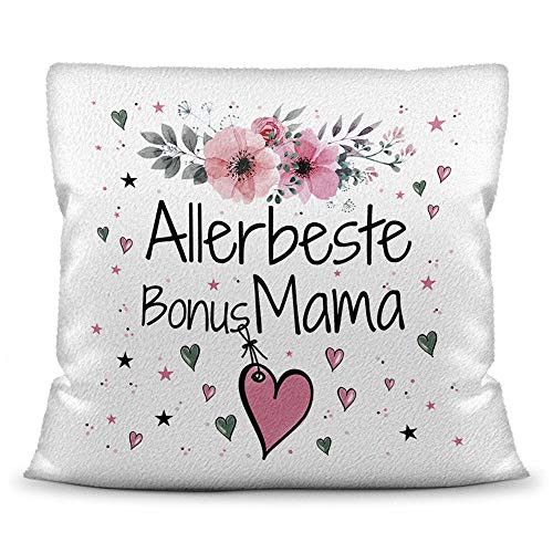 Kissen inkl. Kissenfüllung mit Spruch - Allerbeste Bonus Mama - Beste Geschenkidee für Familie und Freunde - Kissen Polyester - Weiß flauschig von PR Print Royal