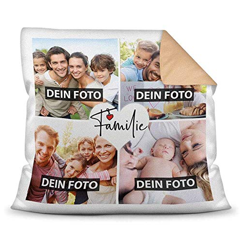 PR Print Royal Kissen mit Füllung - Fotocollage selbst gestalten mit Spruch - Familie - mit Vier eigenen Fotos - Geschenkidee Fotokissen - Farbkissen Rückseite Beige von PR Print Royal