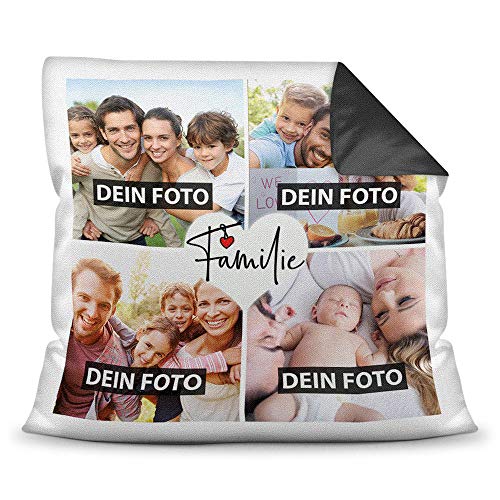 PR Print Royal Kissen mit Füllung - Fotocollage selbst gestalten mit Spruch - Familie - mit Vier eigenen Fotos - Geschenkidee Fotokissen - Farbkissen Rückseite Schwarz von PR Print Royal