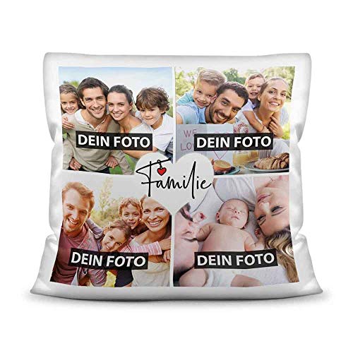 PR Print Royal Kissen mit Füllung - Fotocollage selbst gestalten mit Spruch - Familie - mit Vier eigenen Fotos - Geschenkidee Fotokissen - Kissen Polyester - Weiß von PR Print Royal