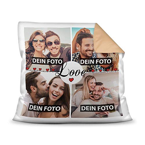 PR Print Royal Kissen mit Füllung - Fotocollage selbst gestalten mit Spruch - Love - mit Vier eigenen Fotos - Geschenkidee Fotokissen - Farbkissen Rückseite Beige von PR Print Royal