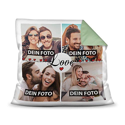 PR Print Royal Kissen mit Füllung - Fotocollage selbst gestalten mit Spruch - Love - mit Vier eigenen Fotos - Geschenkidee Fotokissen - Farbkissen Rückseite Seegrün von PR Print Royal