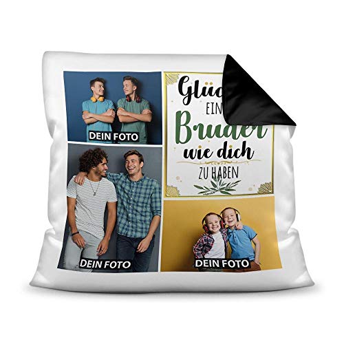 PR Print Royal Kissen mit Füllung - Fotocollage selbst gestalten mit Spruch für Bruder - GLÜCK - mit DREI eigenen Fotos - Geschenkidee Fotokissen - Farbkissen Rückseite Schwarz von PR Print Royal