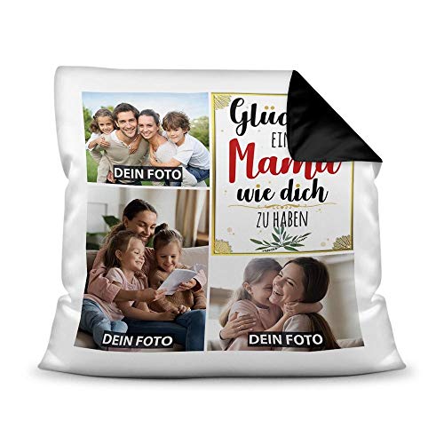 PR Print Royal Kissen mit Füllung - Fotocollage selbst gestalten mit Spruch für Mama - GLÜCK - mit DREI eigenen Fotos - Geschenkidee Fotokissen - Farbkissen Rückseite Schwarz von PR Print Royal