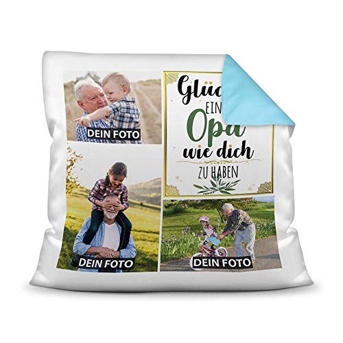 PR Print Royal Kissen mit Füllung - Fotocollage selbst gestalten mit Spruch für Opa - GLÜCK - mit DREI eigenen Fotos - Geschenkidee Fotokissen - Farbkissen Rückseite Hellblau von PR Print Royal