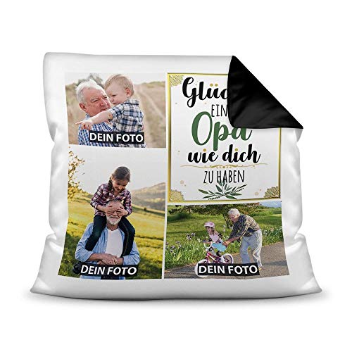 PR Print Royal Kissen mit Füllung - Fotocollage selbst gestalten mit Spruch für Opa - GLÜCK - mit DREI eigenen Fotos - Geschenkidee Fotokissen - Farbkissen Rückseite Schwarz von PR Print Royal