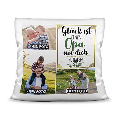 PR Print Royal Kissen mit Füllung - Fotocollage selbst gestalten mit Spruch für Opa - GLÜCK - mit DREI eigenen Fotos - Geschenkidee Fotokissen - Kissen Polyester - Weiß von PR Print Royal