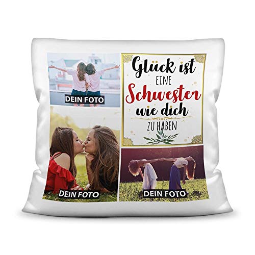 PR Print Royal Kissen mit Füllung - Fotocollage selbst gestalten mit Spruch für Schwester - GLÜCK - mit DREI eigenen Fotos - Geschenkidee Fotokissen - Kissen Polyester - Weiß von PR Print Royal