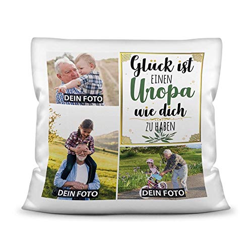 PR Print Royal Kissen mit Füllung - Fotocollage selbst gestalten mit Spruch für Uropa - GLÜCK - mit DREI eigenen Fotos - Geschenkidee Fotokissen - Kissen Polyester - Weiß von PR Print Royal