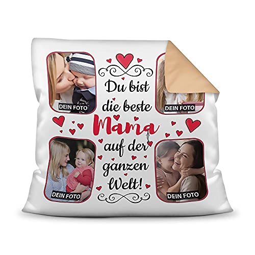 Kissen mit Füllung zum selbst Gestalten mit 4 Fotos - Für die Beste Mama - Hochwertige Kissenhülle mit Reißverschluss, Rückseite Beige, 40 x 40 cm von PR Print Royal