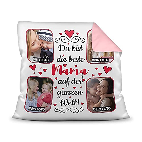 Kissen mit Füllung zum selbst Gestalten mit 4 Fotos - Für die Beste Mama - Hochwertige Kissenhülle mit Reißverschluss, Rückseite Rosa, 40 x 40 cm von PR Print Royal
