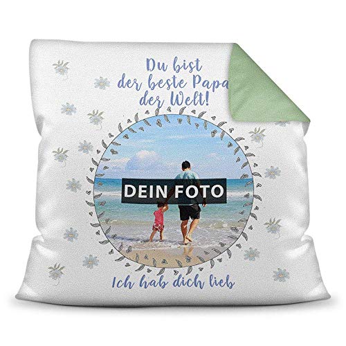 PR Print Royal Kissen mit eigenem Bild und Namen für den Papa - Blau/Foto-Collage als Geschenkidee/Zier-Kissen/Deko-Kissen/Rückseite Grün inkl. Füllung von PR Print Royal