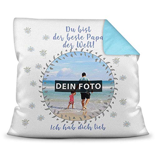 PR Print Royal Kissen mit eigenem Bild und Namen für den Papa - Blau/Foto-Collage als Geschenkidee/Zier-Kissen/Deko-Kissen/Rückseite Hellblau inkl. Füllung von PR Print Royal