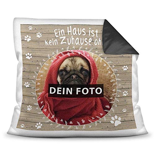 PR Print Royal Kissen mit eigenem Hunde-Bild und Namen von dem Hund - Kein Zuhause/Foto-Collage als Geschenkidee/Zier-Kissen/Deko-Kissen/Rückseite Schwarz inkl. Füllung von PR Print Royal