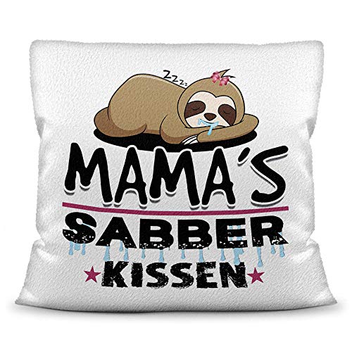 PR Print Royal Kuschel-Kissen inkl. Füllung mit Spruch für Mama - Mamas Sabber-Kissen - Witziges Muttertagsgeschenk/Geschenk-Idee für Mütter/Muttertag Geburtstag - Kissen Weiß - flauschig von PR Print Royal