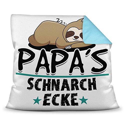 Kuschel-Kissen inkl. Füllung mit Spruch für Papa - Papas Schnarch-Ecke - Bestes Vatertagsgeschenk/Geschenk-Idee Vatertag Geburtstag/Für Väter - Farbkissen Rückseite Hellblau von PR Print Royal