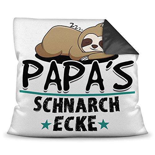 Kuschel-Kissen inkl. Füllung mit Spruch für Papa - Papas Schnarch-Ecke - Bestes Vatertagsgeschenk/Geschenk-Idee Vatertag Geburtstag/Für Väter - Farbkissen Rückseite Schwarz von PR Print Royal