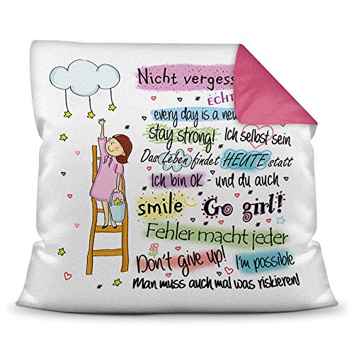 Kuschel-Kissen mit Spruch inkl. Füllung für Mädchen - Go Girl Kinder/Mädchen Geschenk/Geschenk-Idee Kindertag Geburtstag - Farbkissen Rückseite Pink von PR Print Royal