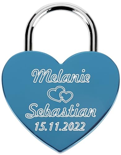 Liebesschloss mit Gravur und Schlüssel - Herzschloss Vorhängeschloss personalisiert mit Wunschtext - Pärchen Geschenke für Frauen - Jahrestag Geschenk für Sie - Partner Geschenke für Ihn (Blau) von Print&Bind Center