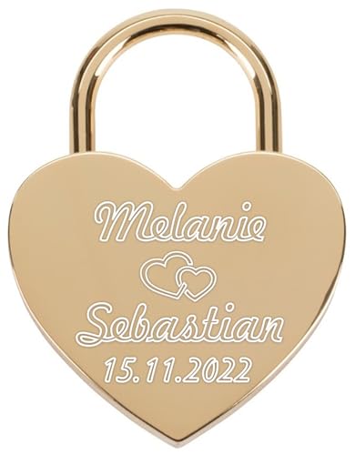 Liebesschloss mit Gravur und Schlüssel - Herzschloss Vorhängeschloss personalisiert mit Wunschtext - Pärchen Geschenke für Frauen - Jahrestag Geschenk für Sie - Partner Geschenke für Ihn (Gold) von Print&Bind Center