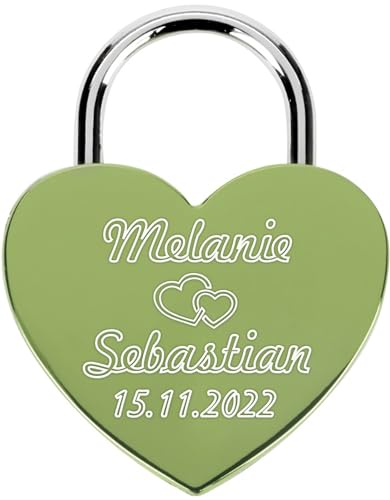 Liebesschloss mit Gravur und Schlüssel - Herzschloss Vorhängeschloss personalisiert mit Wunschtext - Pärchen Geschenke für Frauen - Jahrestag Geschenk für Sie - Partner Geschenke für Ihn (Grün) von Print&Bind Center