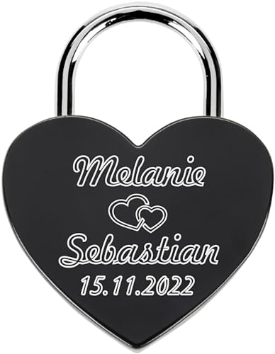 Liebesschloss mit Gravur und Schlüssel - Herzschloss Vorhängeschloss personalisiert mit Wunschtext - Pärchen Geschenke für Frauen - Jahrestag Geschenk für Sie - Partner Geschenke für Ihn (Schwarz) von Print&Bind Center