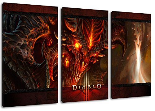 Diablo 3-Teilig auf Leinwand, XXL riesige Bilder fertig gerahmt mit Keilrahmen, Kunstdruck auf Wandbild mit Rahmen von PrintArtGalery