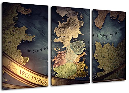 Westeros Karte 3-Teilig(120x80cm) auf Leinwand, XXL riesige Bilder fertig gerahmt mit Keilrahmen, Kunstdruck auf Wandbild mit Rahmen von PrintArtGalery