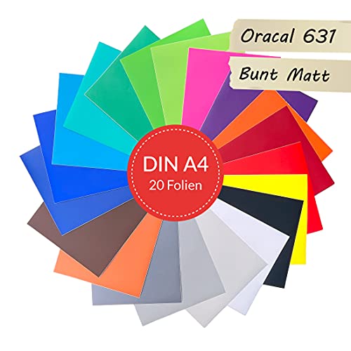 D010 Vinylfolien Set selbstklebend DIN A4 Oracal 631 matt Plotter Folien Pastell zum Plotten Bastelfolie Klebefolie Trend je 21x29,7cm PrintAttack (V3: 20er-Set Bunt Matt) von PrintAttack