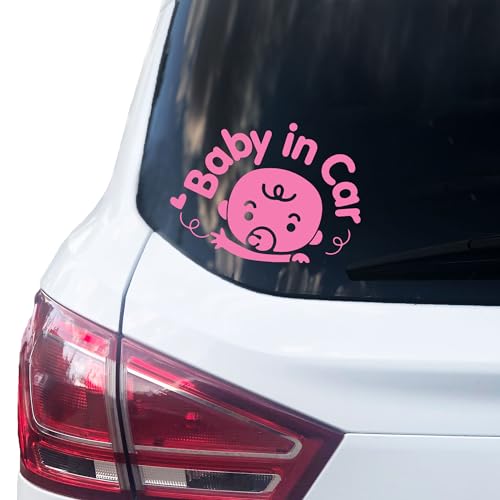 P004 | Baby in Car Aufkleber 14cm x 10cm Auto Sticker Babyaufkleber Autoaufkleber Vinyl Baby on Board (Rosa) von PrintAttack